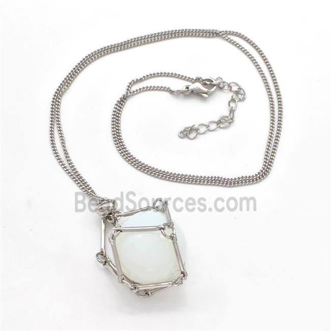 White Opalite Necklace Platinum Plated