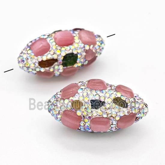 Clay Rice Beads Pave Rhinestone Tourmaline Pink Cat Eye Glass