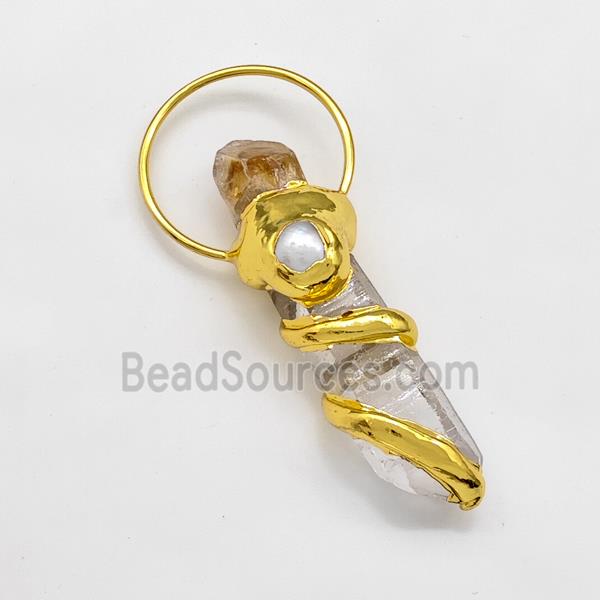 Natural Clear Crystal Quartz Stick Pendant With Pearl Citrine Gold Plated