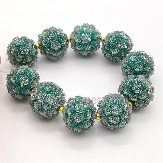 Resin Round Beads Pave Rhinestone Flower Green