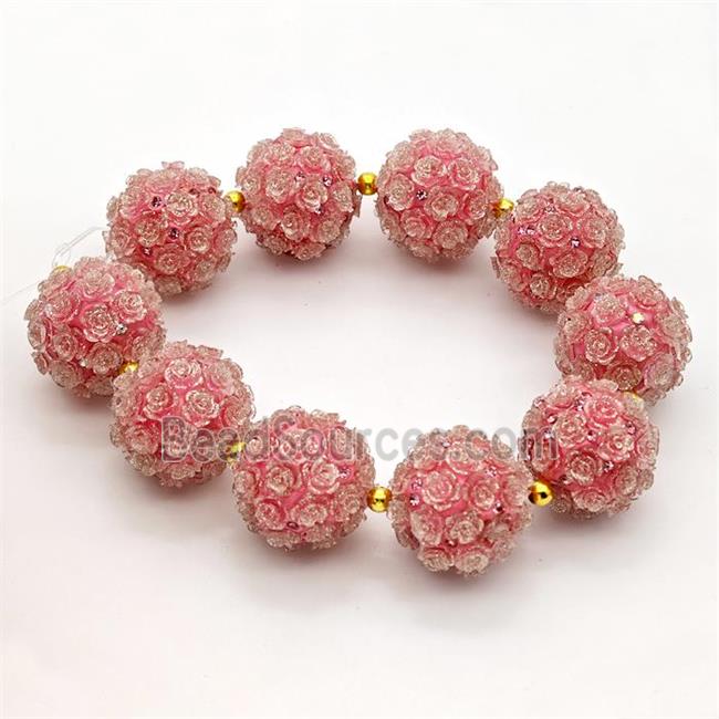 Resin Round Beads Pave Rhinestone Flower Pink