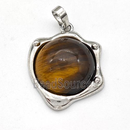 Tiger Eye Stone Pendant Half Round Platinum Plated