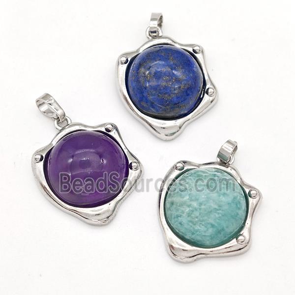 Natural Gemstone Pendant Half Round Platinum Plated Mixed