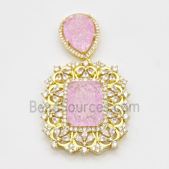 Copper Pendant Pave Zirconia Pink Acrylic Gold Plated