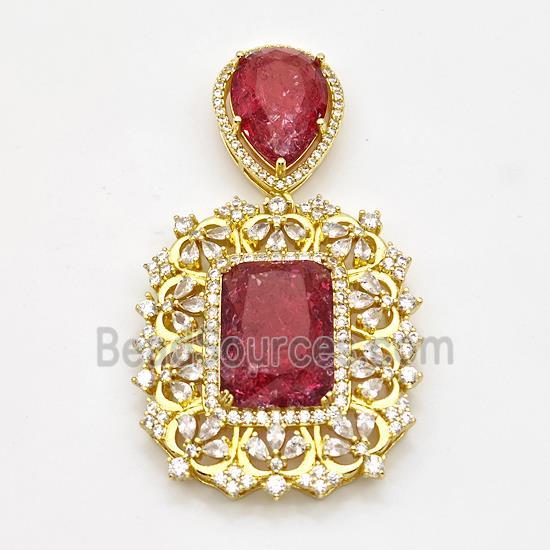 Copper Pendant Pave Zirconia Red Acrylic Gold Plated