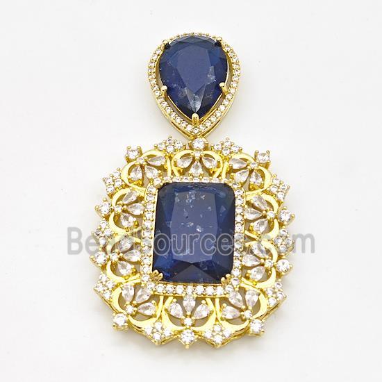 Copper Pendant Pave Zirconia Blue Acrylic Gold Plated