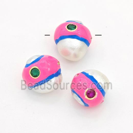 Natural White Pearl Potato Beads Pave Zirconia Pink Enamel