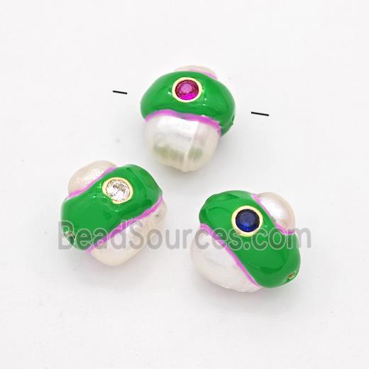 Natural White Pearl Potato Beads Pave Zirconia Green Enamel