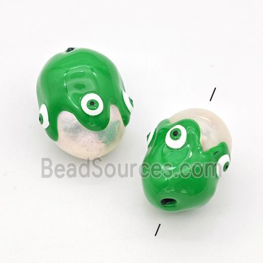 White Pearl Potato Beads Green Enamel Evil Eye