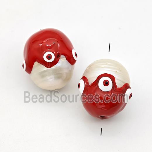 White Pearl Potato Beads Red Enamel Evil Eye