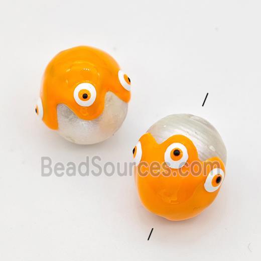 White Pearl Potato Beads Orange Enamel Evil Eye