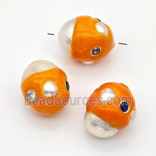 White Pearl Potato Beads Pave Zirconia Orange Enamel