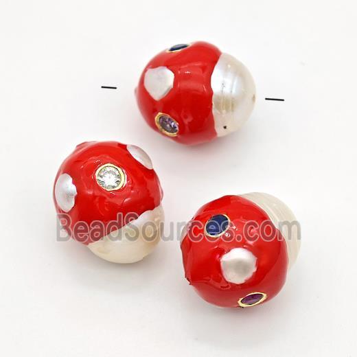 White Pearl Potato Beads Pave Zirconia Red Enamel