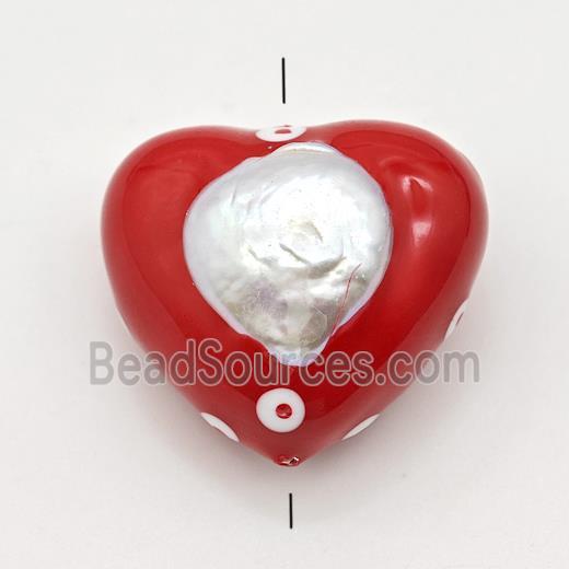 Clay Heart Beads Pave Pearl Red Enamel