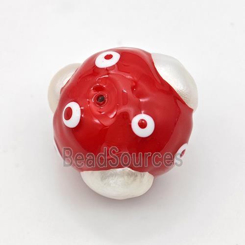 Clay Round Beads Pave Pearl Red Enamel