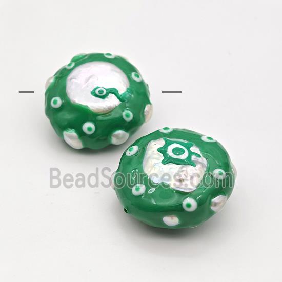 Baroque Style Pearl Coin Beads Green Enamel Evil Eye