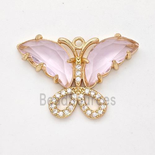 Pink Crystal Glass Copper Butterfly Pendant Pave Zirconia Gold Plated