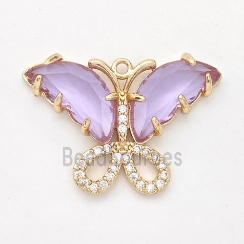 Purple Crystal Glass Copper Butterfly Pendant Pave Zirconia Gold Plated