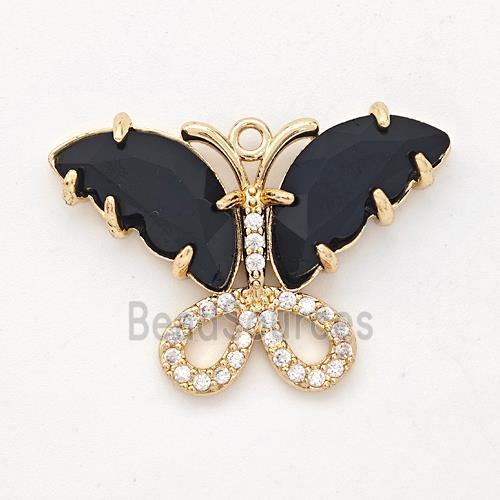 Black Crystal Glass Copper Butterfly Pendant Pave Zirconia Gold Plated