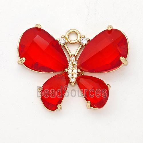 Red Crystal Glass Copper Butterfly Pendant Pave Zirconia Gold Plated