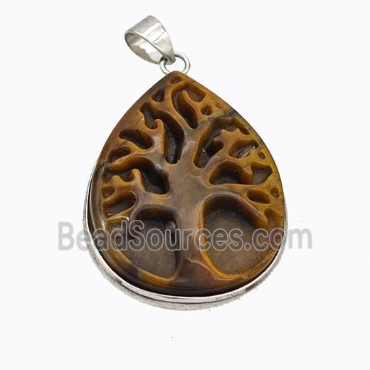 Natural Tiger Eye Stone Tree Pendant Carved