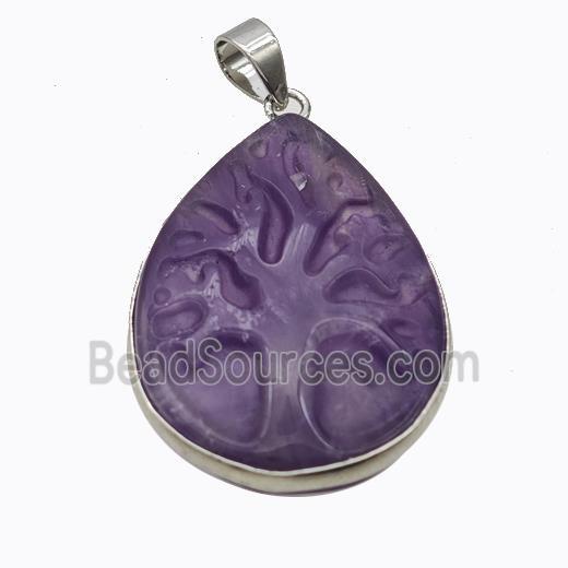 Natural Purple Amethyst Tree Pendant Carved