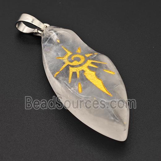 Natural Clear Quartz Leaf Pendant Sun Golden Painted