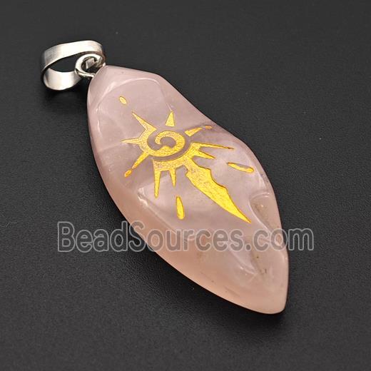 Natural Pink Rose Quartz Leaf Pendant Sun Golden Painted