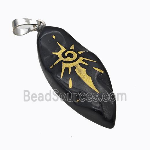 Natural Black Obsidian Leaf Pendant Sun Golden Painted