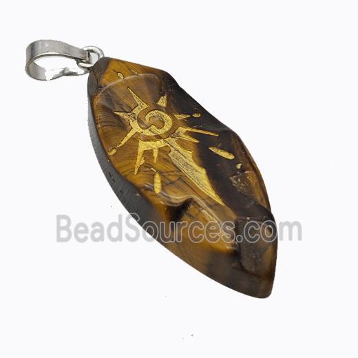 Natural Tiger Eye Stone Leaf Pendant Sun Golden Painted