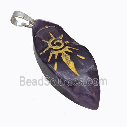 Natural Purple Amethyst Leaf Pendant Sun Golden Painted