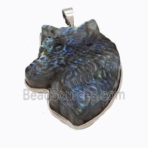 Natural Labradorite Wolf Pendant Carved