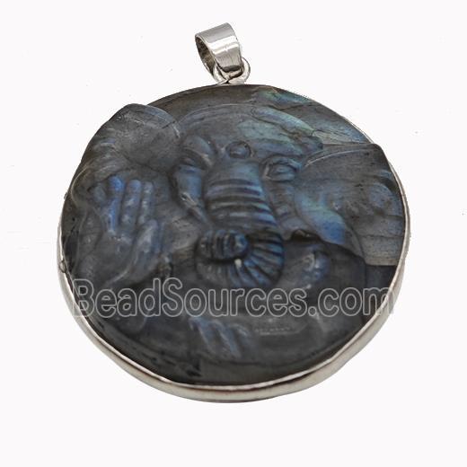 Natural Labradorite Ganesha Pendant Carved Elephant