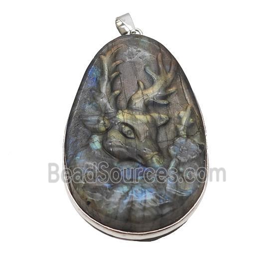 Natural Labradorite Reindeer Pendant Christmas Carved