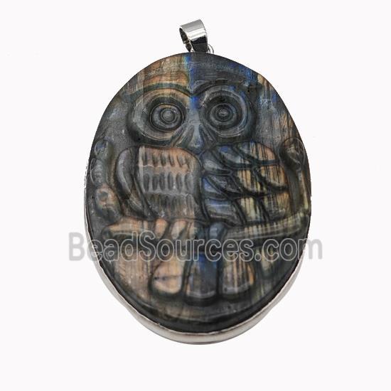 Natural Labradorite Owl Pendant Carved