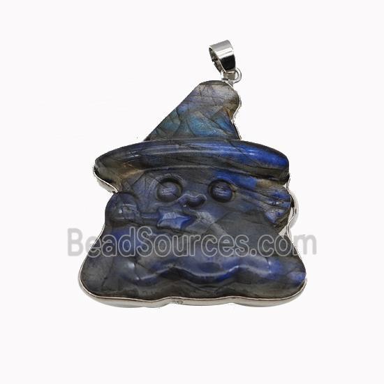 Natural Labradorite Witch Pendant Halloween Carved