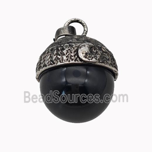 Natural Black Obsidian Sphere Pendant Alloy Antique Silver