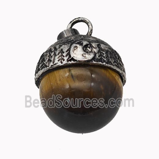 Natural Tiger Eye Stone Sphere Pendant Alloy Antique Silver