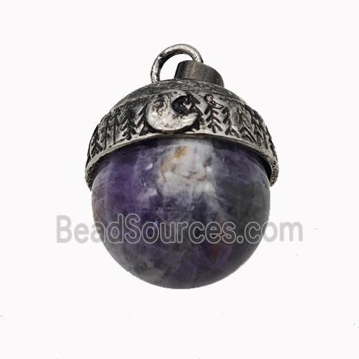 Natural Purple Amethyst Sphere Pendant Alloy Antique Silver