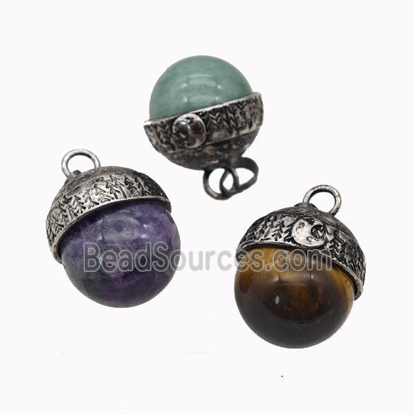 Natural Gemstone Sphere Pendant Alloy Antique Silver Mixed