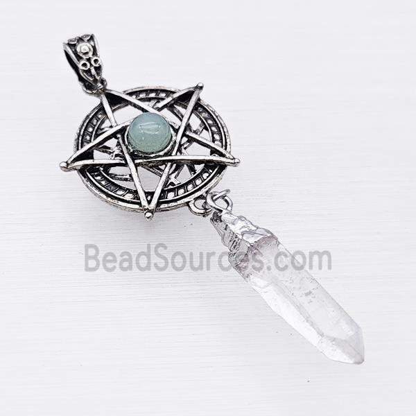 Alloy Star Pendant Pave Aventurine With Crystal Quartz Stick Antique Silver