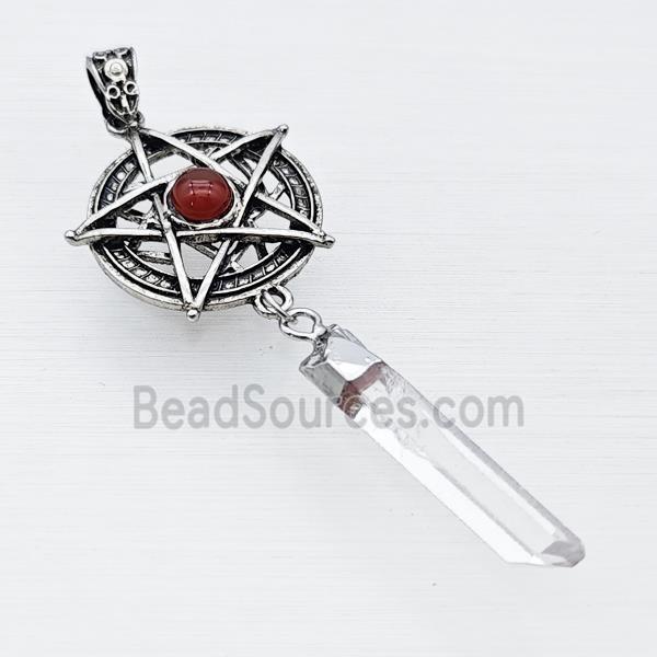 Alloy Star Pendant Pave Red Agate With Crystal Quartz Stick Antique Silver