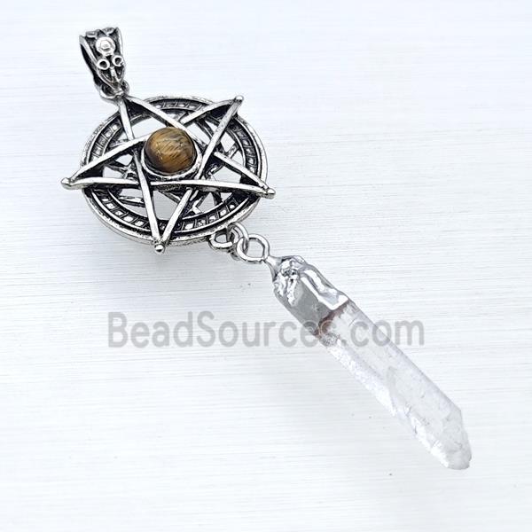 Alloy Star Pendant Pave Tiger Eye With Crystal Quartz Stick Antique Silver