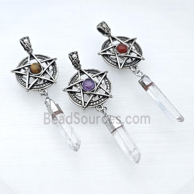 Alloy Star Pendant Pave Gemstone With Crystal Quartz Stick Antique Silver Mixed