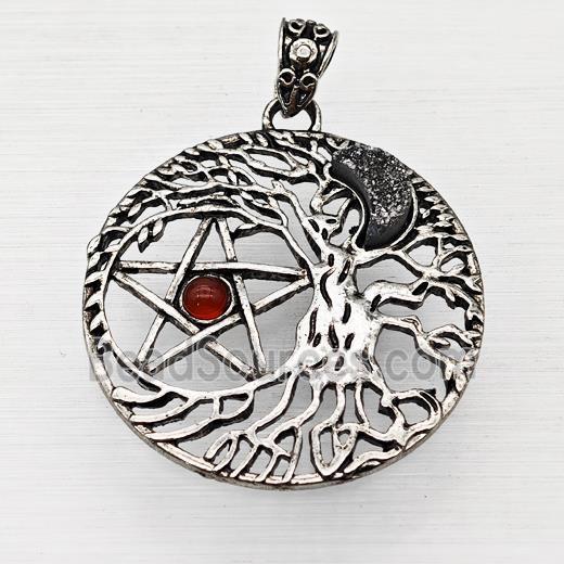 Alloy Tree Of Life Pendant Pave Druzy Moon Red Agate Star Antique Silver