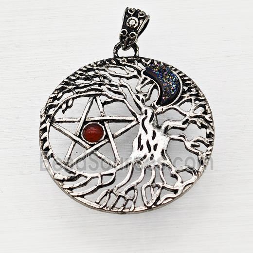 Alloy Tree Of Life Pendant Pave Druzy Moon Red Agate Star Antique Silver