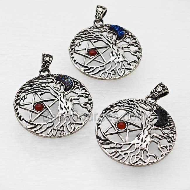 Alloy Tree Of Life Pendant Pave Druzy Moon Red Agate Star Antique Silver Mixed