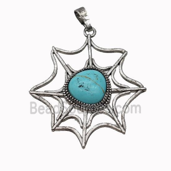 Alloy Spiderweb Pendant Pave Teal Turquoise Antique Silver