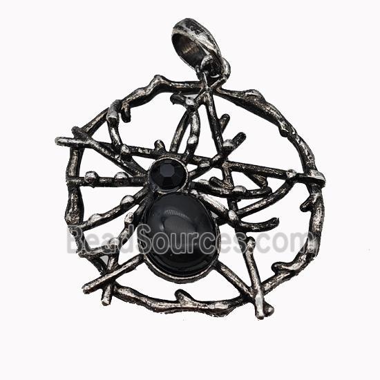 Alloy Spider Pendant Pave Black Obsidian Antique Silver