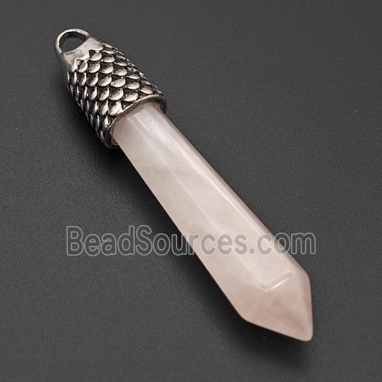 Natural Pink Rose Quartz Prism Pendant Alloy Antique Silver